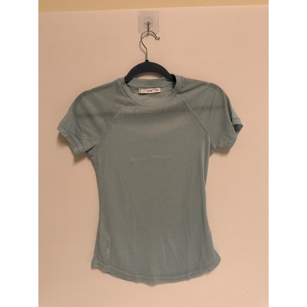 Mango MNG Sage Green Ribbed Knit Raglan Short Sleeve Top Size Medium
